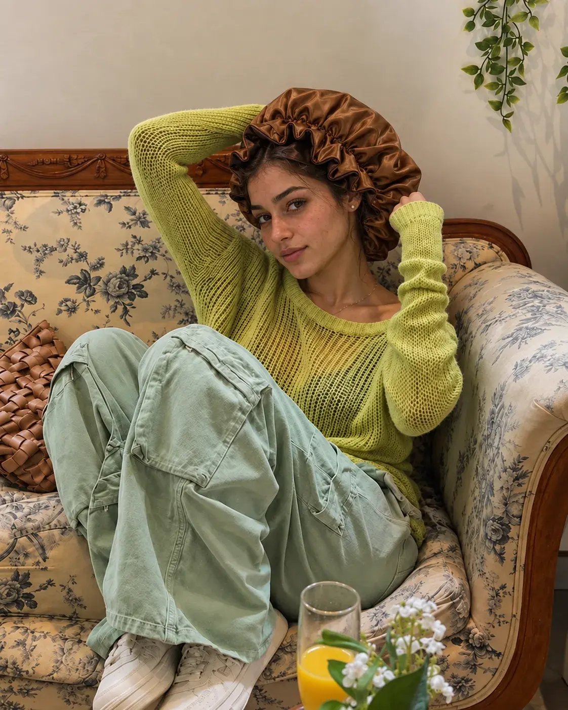 Relaxing at home in the Bronze satin bonnet